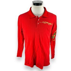 Vintage Ed Hardy Dragon Polo Shirt Women's XXL Red Embellished Long Sleeve USA